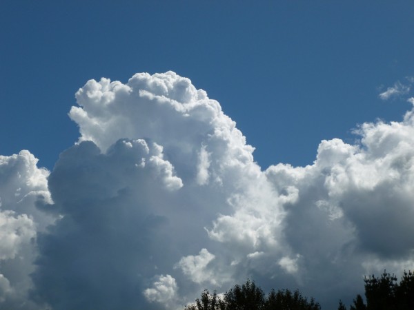 Puffy white clouds against a blue, blue sky