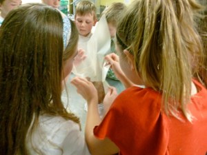 carefully measuring ingredients