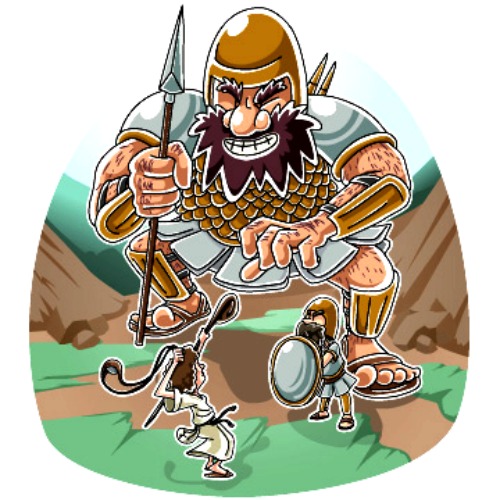 A scene showing David slinging a rock at Goliath