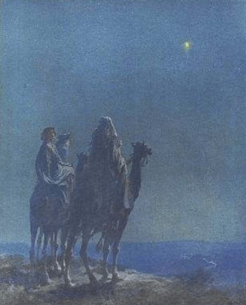 Wise men on camels ponder a star in the sky