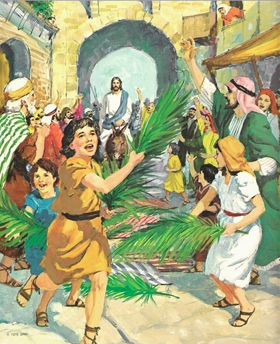 Jesus enters Jerusalem on a donkey on what we now call Palm Sunday