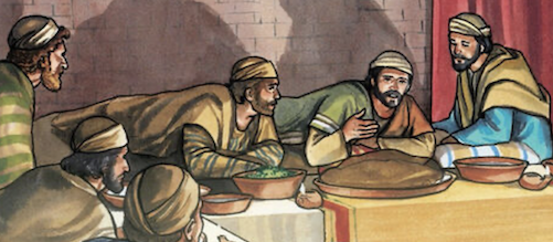 Jesus and his disciples recline at the table during the Last Supper
